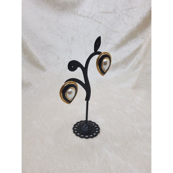 Vintage Monet Faux Pearl Black Enamel & Gold-Tone Teardrop Shaped Pierced Earrin - Picture 2 of 4